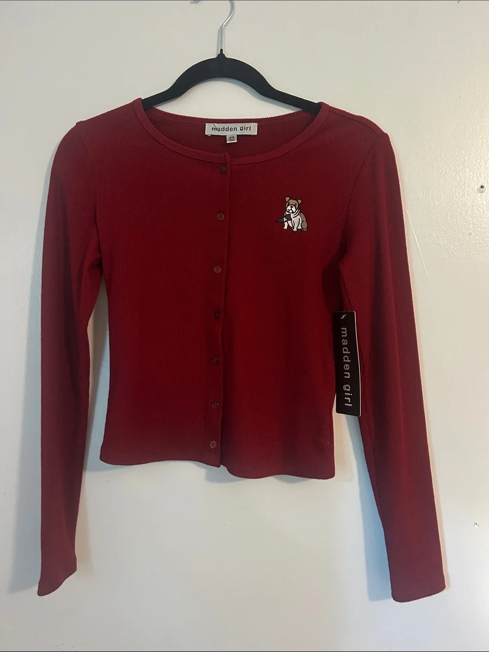 Madden Girl Burgundy Button-Front Ribbed Cardigan with Bulldog Patch